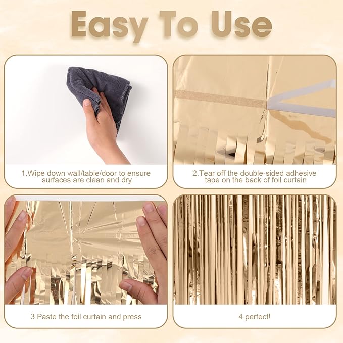 4 Pack Champagne Foil Fringe Backdrop Curtains, Tinsel Streamers Birthday Party Decorations, Fringe Backdrop for Graduation, Baby Shower, Gender Reveal, Disco Party