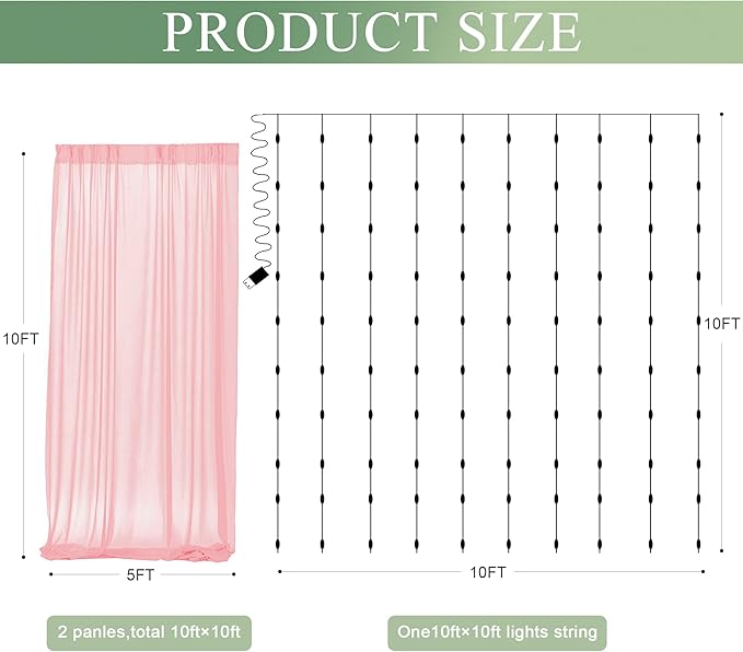 Tulle Backdrop Curtain with Lights String 10FT X 10FT Peach Sheer Tulle Backdrop Curtains for Wedding Birthday Party Reception Photo Booth Background Decorations (2 Panels 5x10FT)