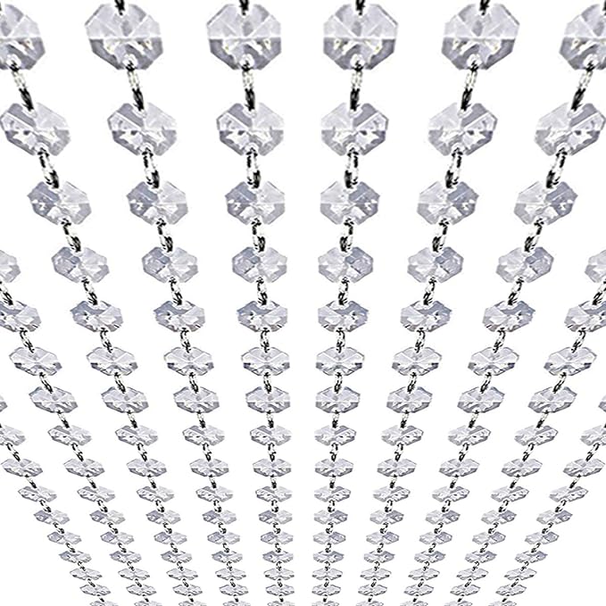 33ft K9 Glass Crystal Garland Strands - Hanging Chandelier Gem Bead Chain - 14mm Clear Octagon Prism Diamond String Decorations for Wedding Party Manzanita Centerpiece Christmas Tree
