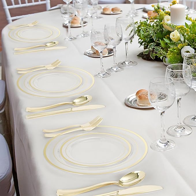 600PCS Clear Gold Plastic Plate Set (100 Guests), Plastic Plates for Party Wedding Birthday, Disposable Dinnerware Set of 200 Plates, 200 Forks, 100 Spoons, 100 Knives for Christmas
