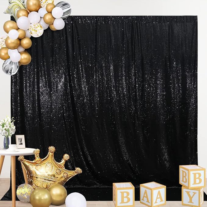 SquarePie Sequin Backdrop Less See Through Thick Background Glitter Curtain for Halloween Party 7FT x 7FT Black