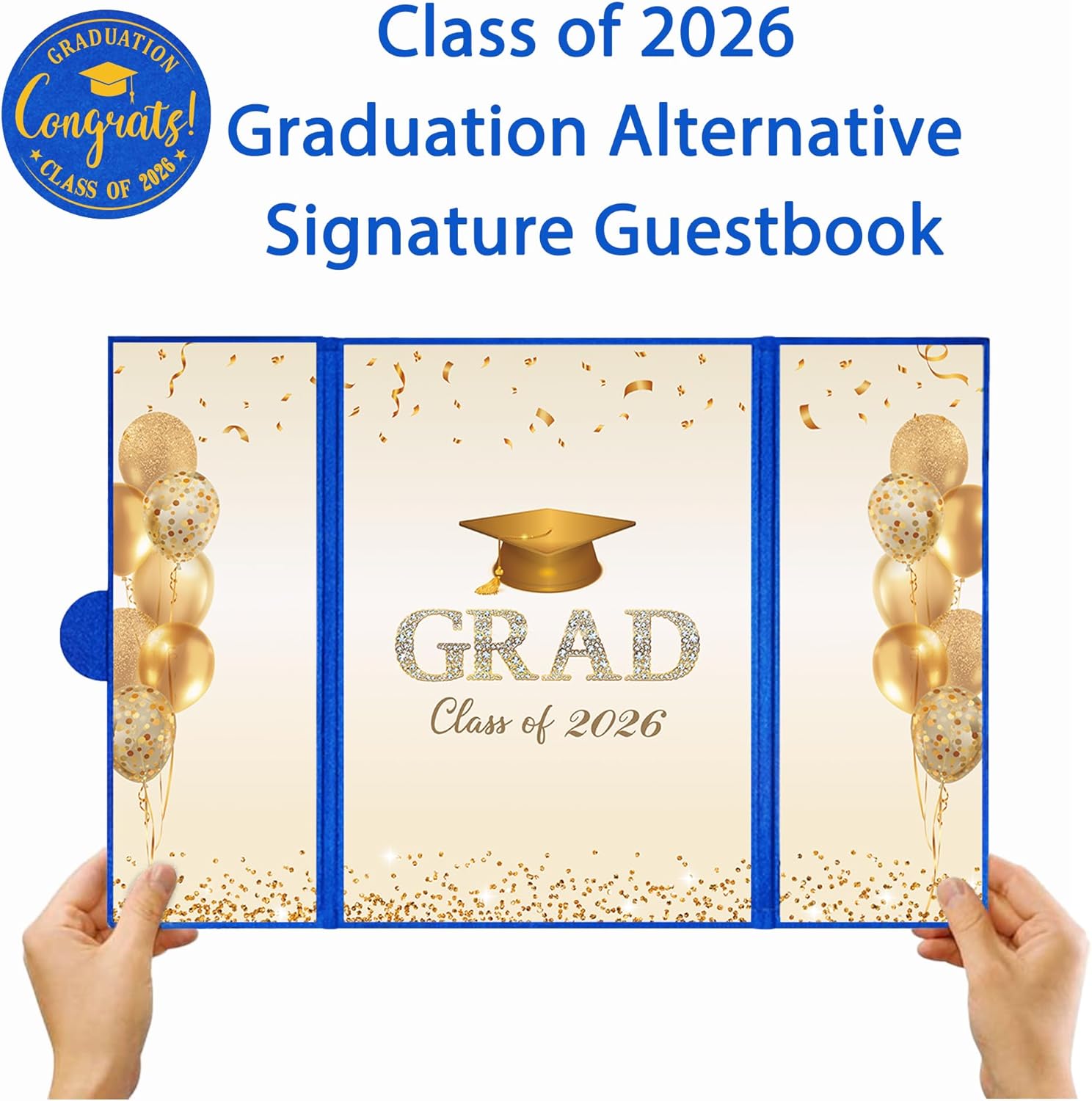 DARUNAXY Blue Gold Graduation Party Decorations, Blue Class of 2026 Congratulations Graduates Alternative Signature Guest Book for Men Happy Graduation Gifts Congrats Grad Party Signing Card Board