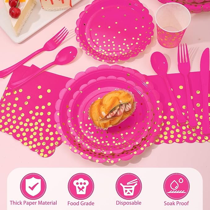 175Pcs Pink Party Supplies, Hot Pink Paper Plates and Napkins Include Scalloped Plates Napkins Cups Plastic Cutlery Set for Bridal Shower Girl Birthday