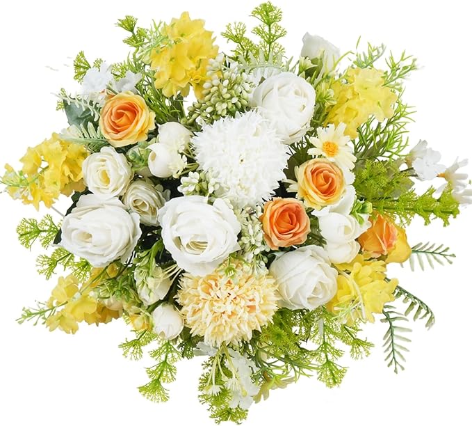 8Pcs Fake Flower Bouquet Artificial Silk Flowers White Yellow Rose Faux Floral Arrangements Picks Summer Flowers for Wedding Home Table Centerpieces Decorations