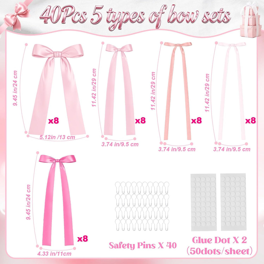 Pink Bow Birthday Decorations, 40Pcs Dusty Pink Bow Wall Decor DIY Ribbon Satin Bows Garland Photo Backdrop for Women Girl Coquette Bachelorette Baby Bridal Shower Room Bedroom Wedding Party Decor