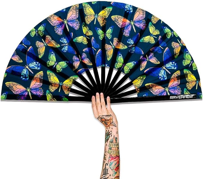 UV Glow Rave Fan, Bamboo Folding Clack Hand Fans Foldable for Men Women, Boots on the Ground Poping Fan for EDM Festival Line Dance Decoration, (Butterfly-1, Large 13")