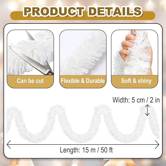 50 Feet Christmas Foil Fringe Banner Metallic Tassle Garland Metallic Backdrop Parade Floats Shiny Hanging Ceiling, Valentine's, Wedding, New Year Party Decorations(2" x 50', Macaron White)