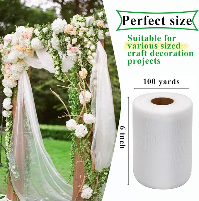 White Tulle Fabric Rolls 6 Inch by 100 Yards (300 feet) Fabric Spool Tulle Ribbon for DIY White Tutu Bow Baby Shower Birthday Party Wedding Decorations Christmas Gift Wrapping Craft Supplies