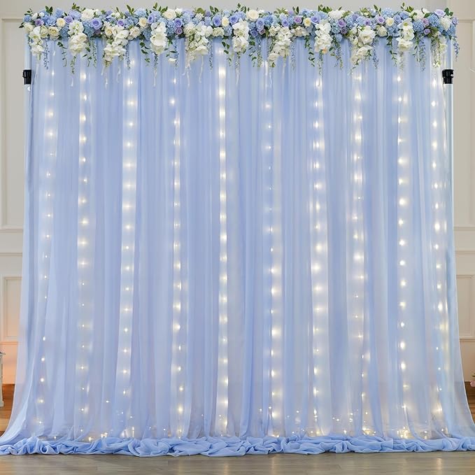 10ft x 7ft Baby Blue Chiffon Backdrop Curtain with Lights String for Parites Wedding Light Blue Curtain Photo Backdrop Drapes for Baby Shower Birthday Party Home Decorations