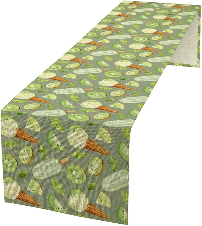 Summer Ice Cream Popsicles Table Runner, Watercolor Green Kiwi Seasonal Fruit Sweet Dessert Dinner Runner for Party Holiday Home Kitchen Dining Table Decor 13"x70"