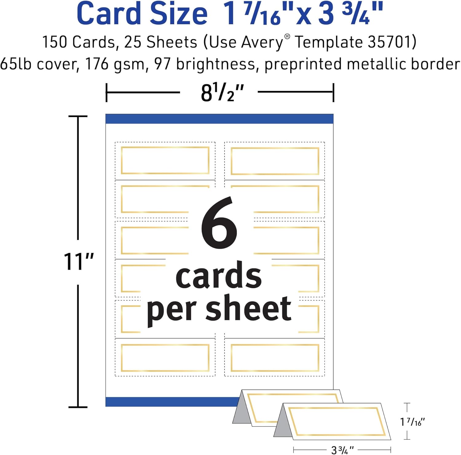 Avery Printable Place Cards with Sure Feed Technology, 1-7/16" x 3-3/4", White with Gold Border, 150 Blank Tent Cards for Laser or Inkjet Printers (35701)