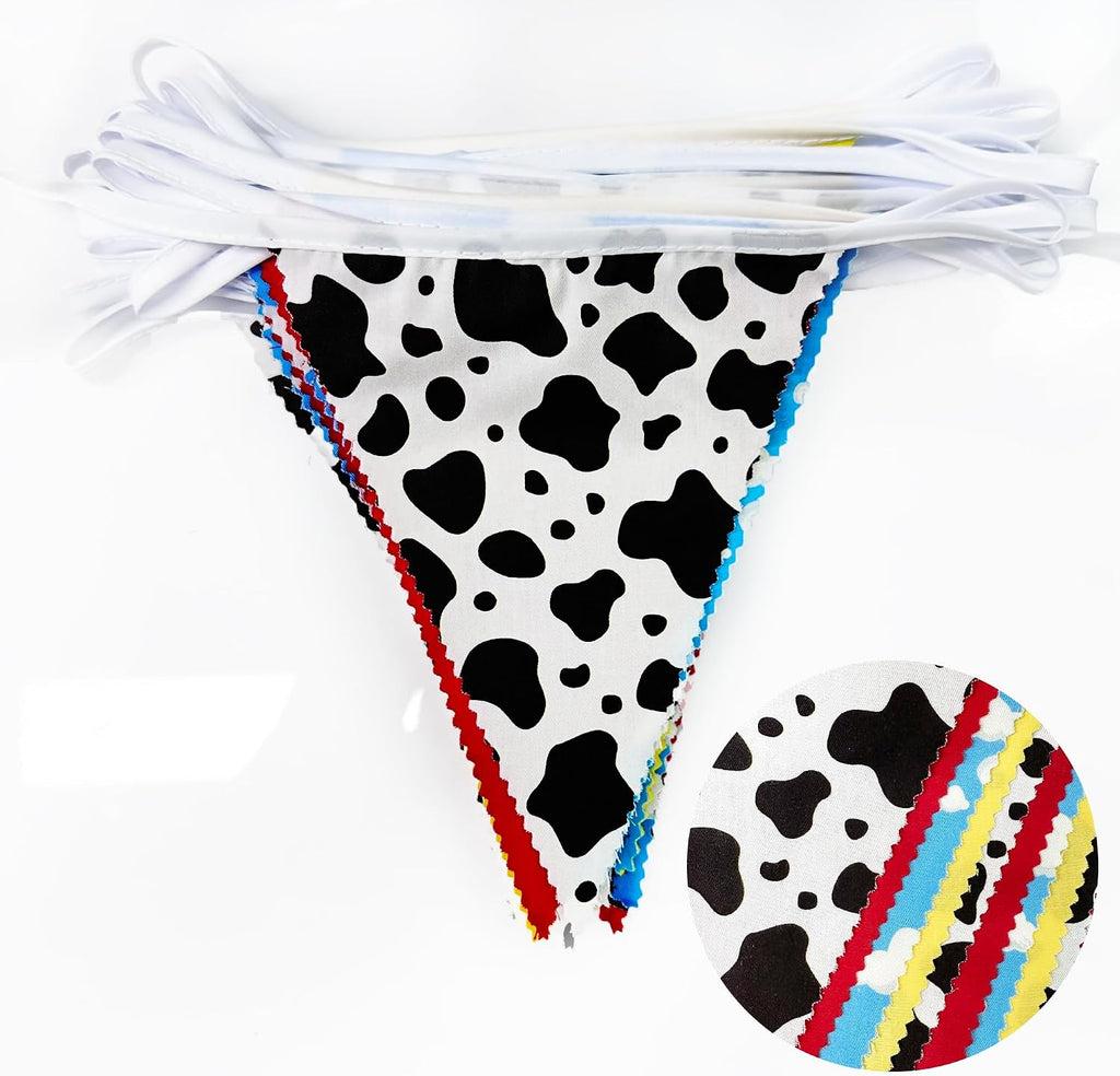 32Ft Cartoon Story Party Decorations Red Blue Yellow Toy Themed Story Fabric Banner Cloud and Cow Print Triangle Pennant Flag Garland Streamers for Birthday Outdoor Garden Decor Supplies