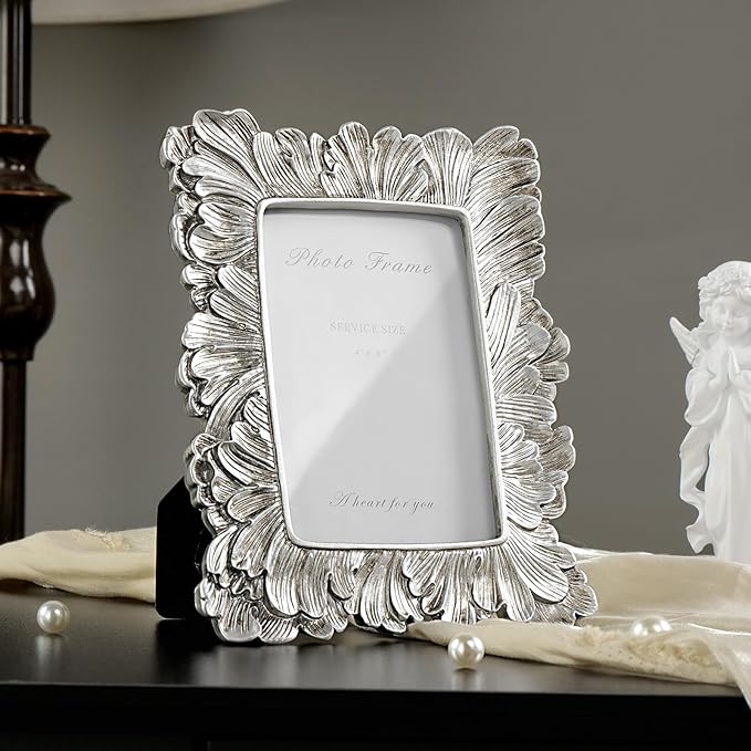 4x6 Silver Picture Frame, Vintage Silver Palm Leaves Textured Hand-Crafted Resin Frames with Glass Front, Elegant Retro Rustic Design Photo Frame for Wall and Tabletop Display Home Decor