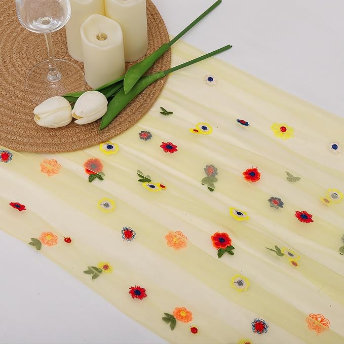 BINBE 3pcs Daisy Fall Table Runner Embroidery Gauze 10FT Florals Seasonal Tulle Holiday Birthday Kitchen Dining Table Decor for Home Party Yellow
