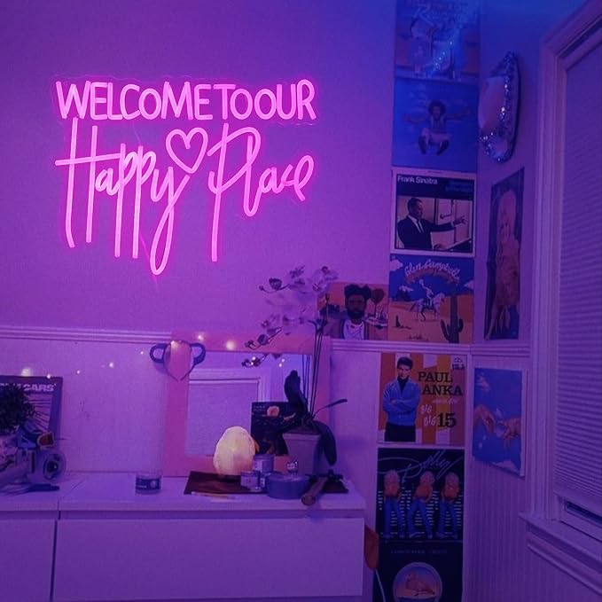 Welcome To Our Happy Place Neon Sign LED Pink Our Happy Place Neon Light With USB for Wall Decor Dimmable Happy Letters Light Up Sign for Bedroom Wedding Party Home Decor (16.7 * 12.6In)