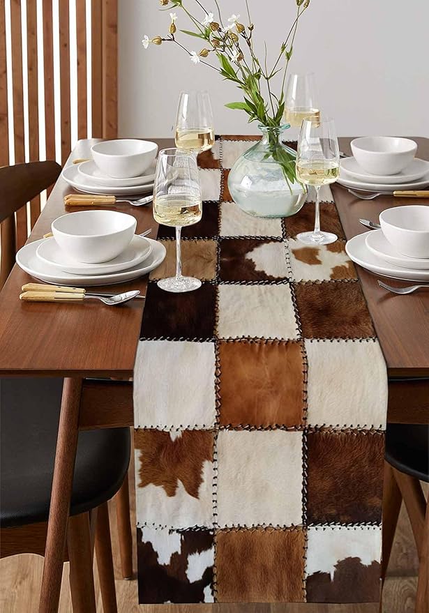 Abstract Cowhides Cotton Linen Table Runner for Dining Kitchen, Wedding Outdoor Party Tablerunners Decoration, Brown Beige Animal Fur Texture Dresser Scarf Coffee Tablecloth Runners 13x36 Inches