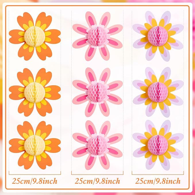 SUNBEAUTY 9 PCS 10 Inches Daisy Birthday Party Decorations - Groovy Flower Spring Sun Retro Hippie Baby Shower Decor