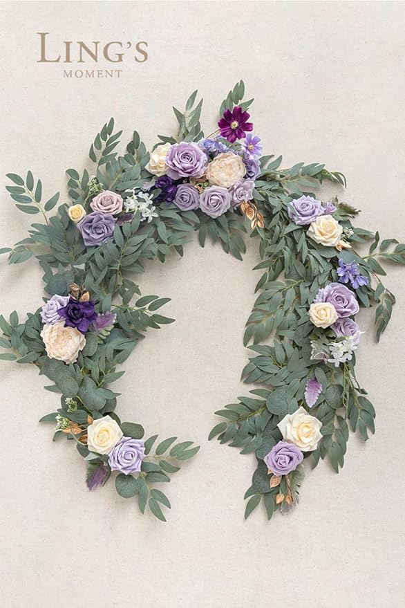 Ling's Moment Flower Garland - 6FT Eucalyptus & Rose - Sweetheart Table Decor for Wedding Reception, Artificial Floral Garland for Mantle, Thanksgiving, Christmas Decoration, Lilac & Lavender