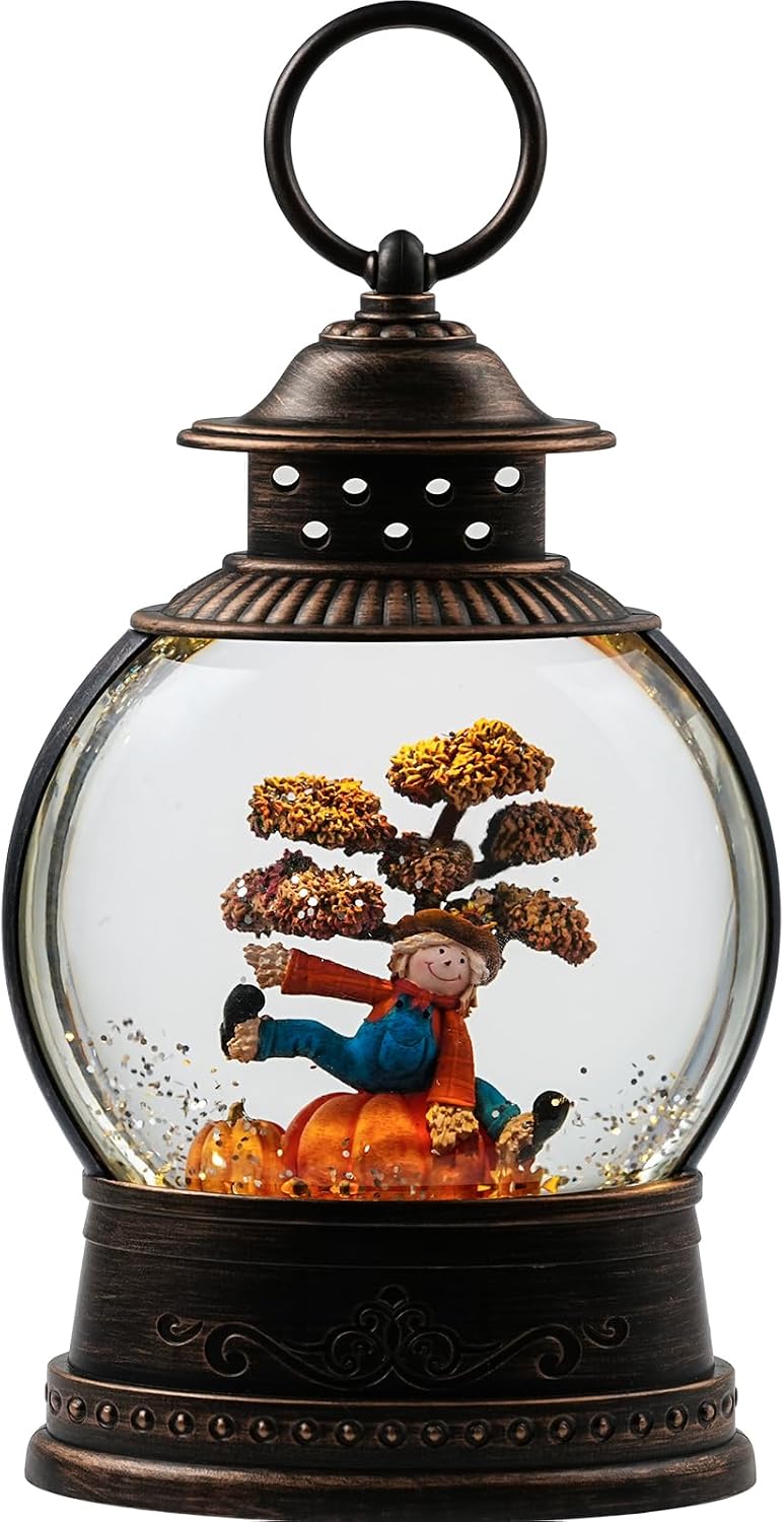 Thanksgiving Decorations Snow Globes, Light Up Snow Globe Lantern with Scarecrow Pumpkin, 6H Timer, USB & Battery Operated Fall Decorations for Autumn Thanksgiving Harvest…