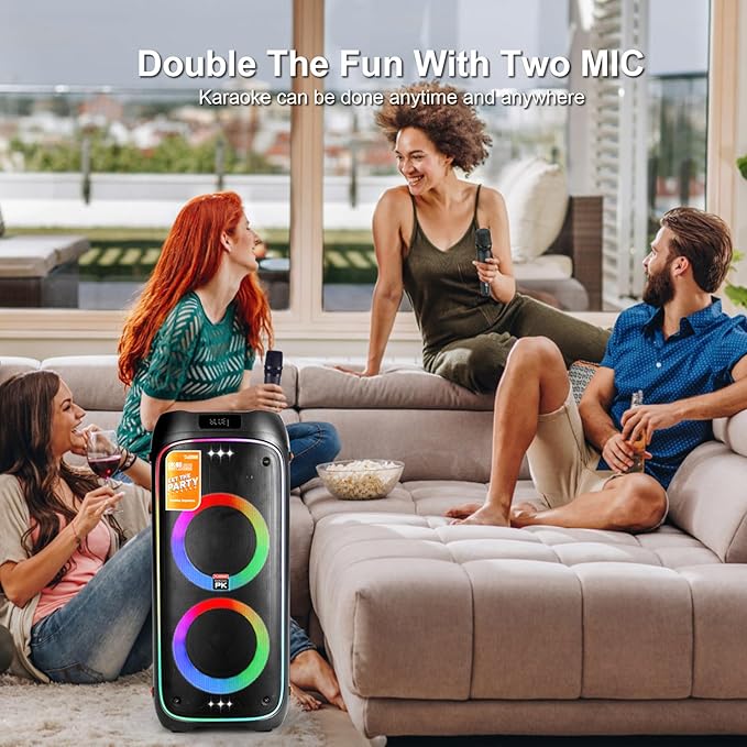 The Platinum DK65 Bluetooth Party Speaker, Karaoke Machine for Adults with 2 Wireless Microphones and Powerful bass & subwoofer, RGB Lights, Features Over 23k Songs for Outdoor & Home