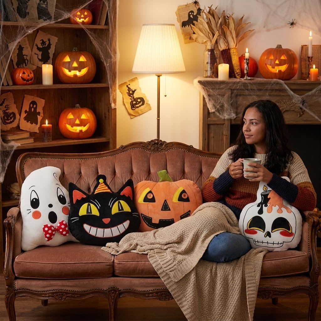 4Pcs Halloween Pillows Skeleton Ghost Black Cat Vintage Retro Traditional 90S...