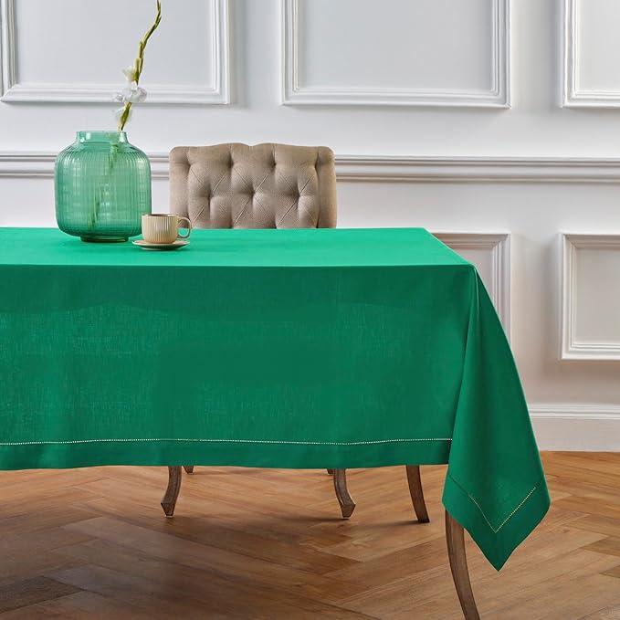 Solino Home Linen Tablecloth 60 x 108 Inch - Classic Hemstitch 100% Pure Linen Emerald Green Table Cloth for Rectangle Tables - Machine Washable Tablecloth for Christmas