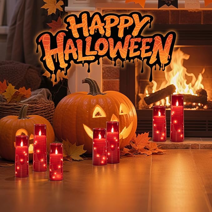 Raycare Flameless Candle with Remote Timer – 9 Flickering Acrylic Battery Operated LED Pillar Candles with Embedded Star String for Halloween, Home Decor, and as a Gift (Red)