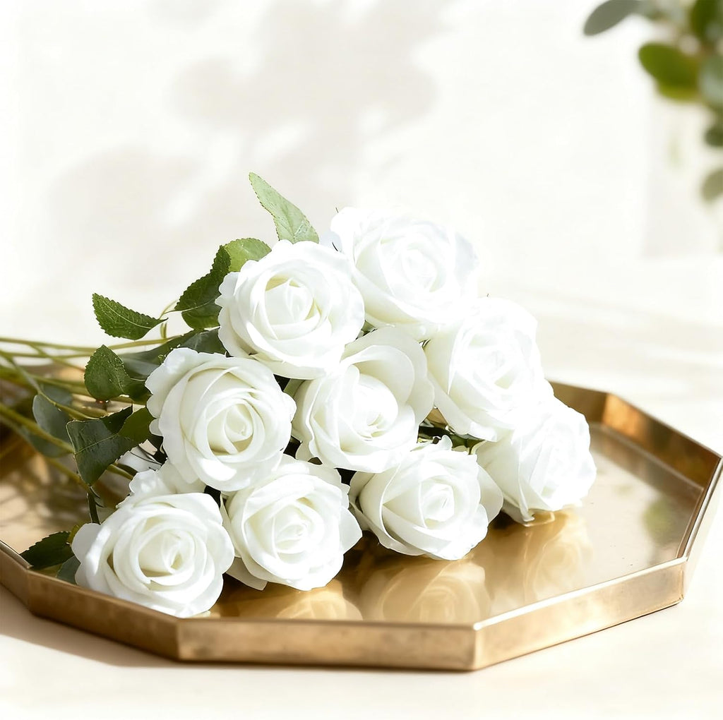 white roses artificial flowers with stems for home shown in use