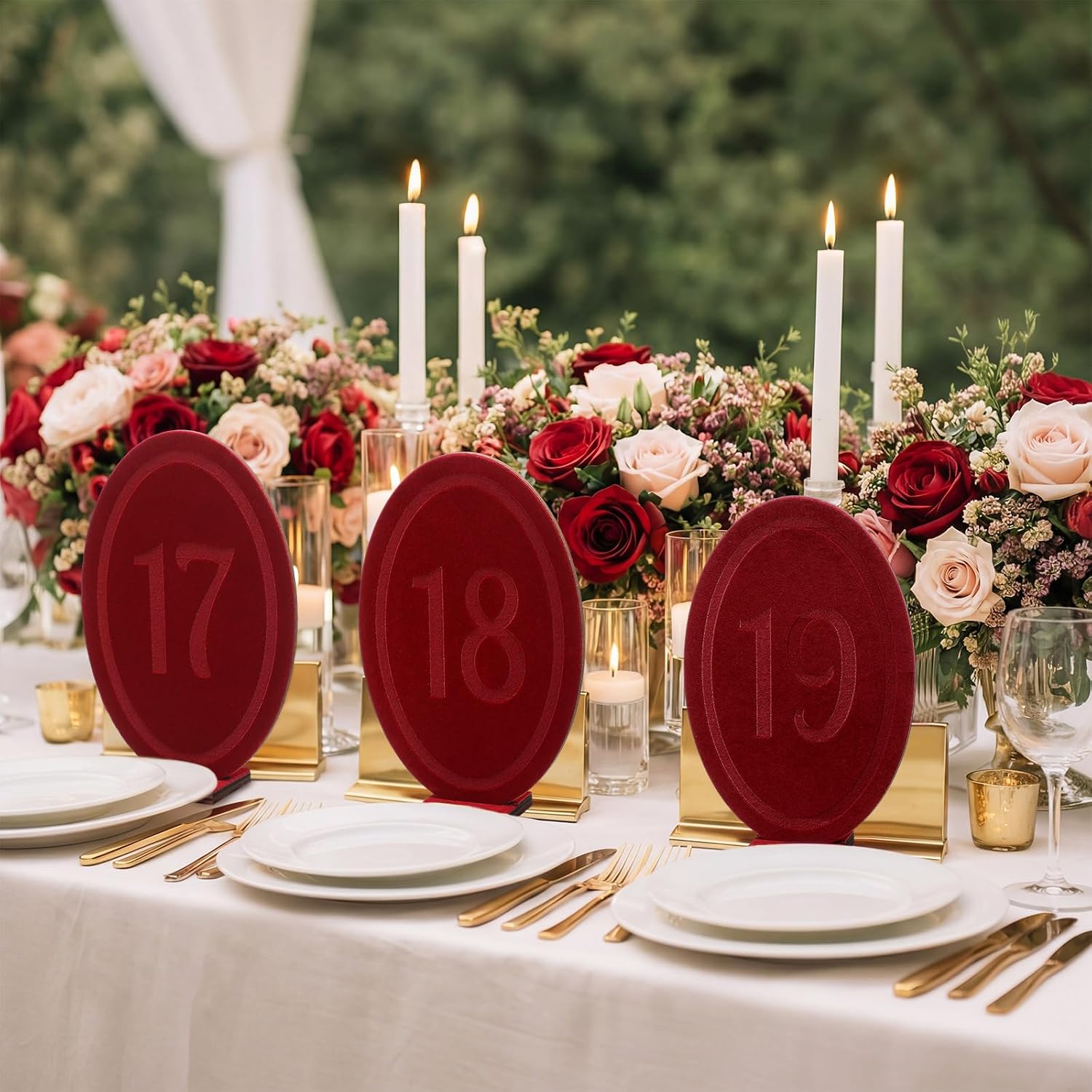 Yookeer Wedding Velvet Table Numbers 1-20 Wood Wedding Bar Sign with Stand Burgundy Oval Table Numbers for Reception Wooden Tables Markers for Anniversary, Event, Party