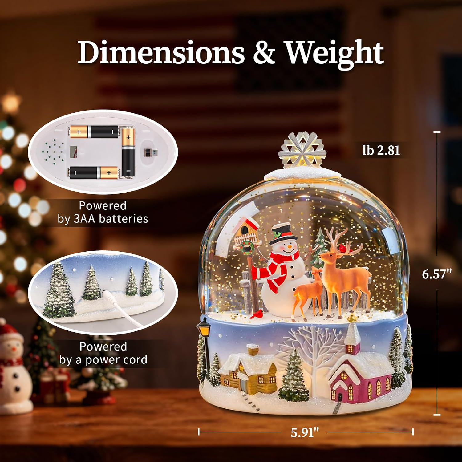 SUNFACE Snowman Christmas Snow Globe Lantern, Musical Light Up Snow Globe with Reindeer Cardinal Pine Trees, LED Glitter, 8 Classic Songs, 6H Timer, 3 AA or USB Powered, Gift for Adults Women Men