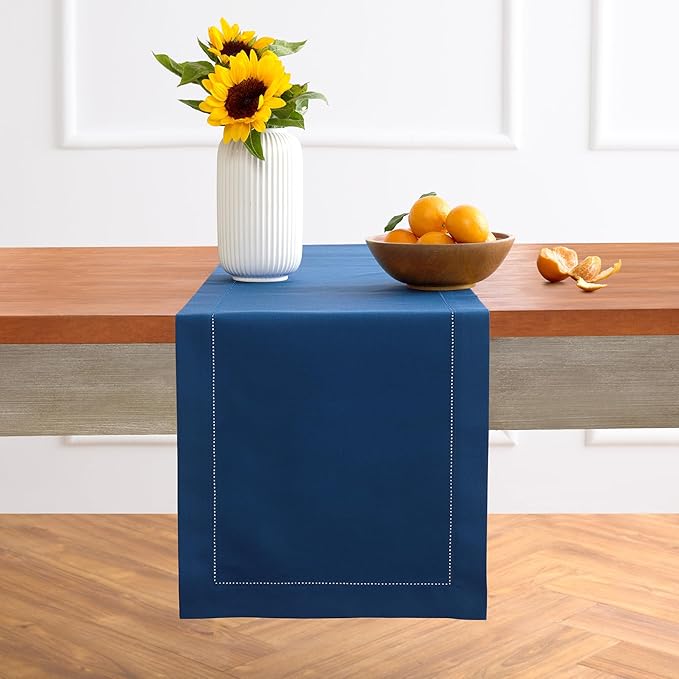 Solino Home Cotton Linen Table Runner 36 Inches - Lapis Blue Hemstitch Table Runner 14 x 36 Inch Ideal for Dresser and Coffee Tables - Fall, Autumn, Halloween