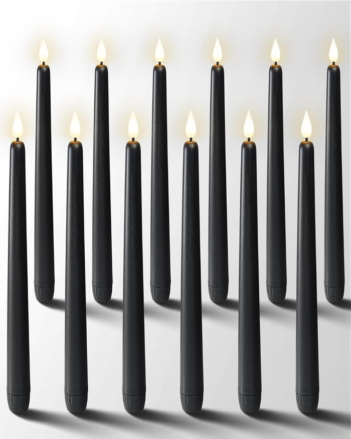 Homemory 12 Pcs Black Flameless Taper Candles Flickering, NO Remote, 11 Inches Taper Candles Battery Operated, Realistic Electric LED Candlesticks Made of Plastic for Halloween Party Home Decor