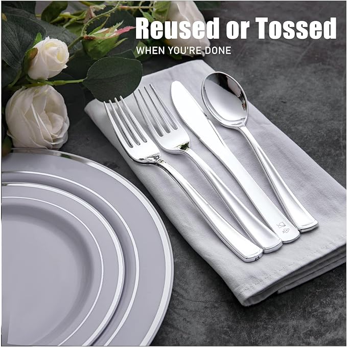 WDF 180 Pieces Silver Plastic Silverware - Silver Plastic Cutlery - Fancy Plastic Silverware Heavy Duty - 60 Forks 60 Knives 60 Spoons - Disposable Plastic Utensils Perfect for Party/Wedding/Christmas