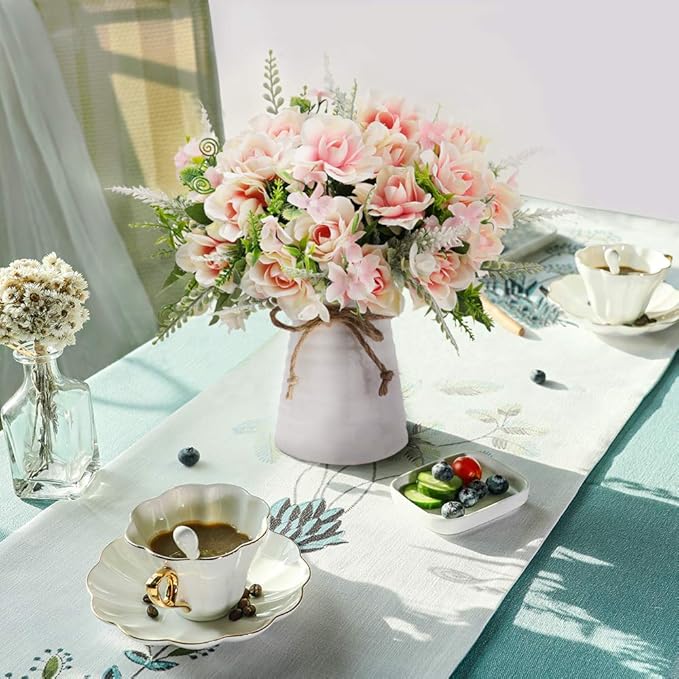 LESING Artificial Flowers with Vase for Table Centerpieces,Fake Silk Gardenia Flower in Vase Decoration for Home Office Party (Pink)