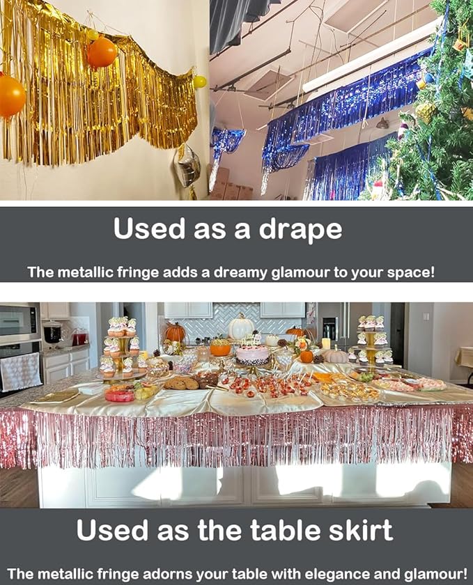 4 Pack Total 40 Feet Foil Fringe Garland Metallic Wall Hanging Drapes Tassel Skirting Tinsel Streamers Decorations for Parade Float Trailer Mardi Gras Party Birthday Wedding (Gold)