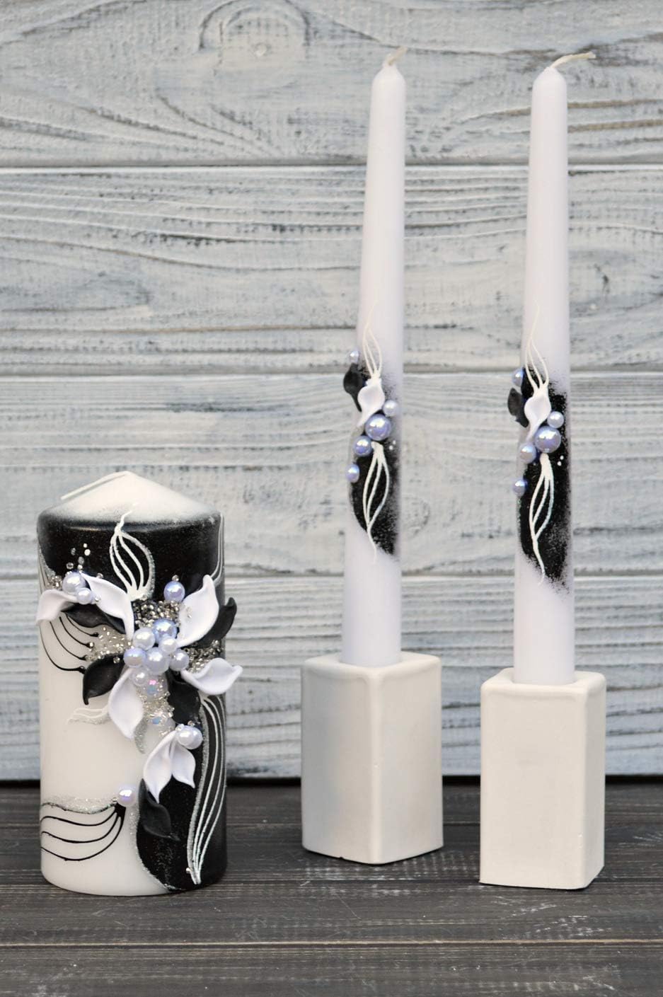 Unity Candle Set - Wedding Ceremony & Reception – 6” Pillar & Two 10” Taper Candles – Long Burning Unity Candles for Marriage Ritual – Handmade in USA – Black | White