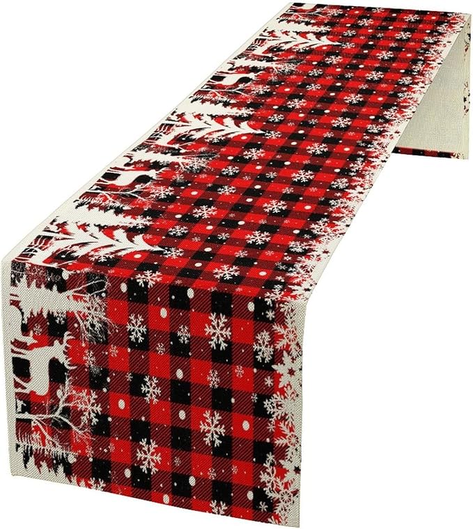 Christmas Table Runner,Red Black Plaid Xmas Snowflakes Deer Trees Print Tablecloth Burlap for Hotel Indoors Outdoor Dining Room Kitchen Home Decor,W13X L70 in