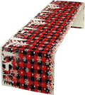 Christmas Table Runner,Red Black Plaid Xmas Snowflakes Deer Trees Print Tablecloth Burlap for Hotel Indoors Outdoor Dining Room Kitchen Home Decor,W13X L108 in