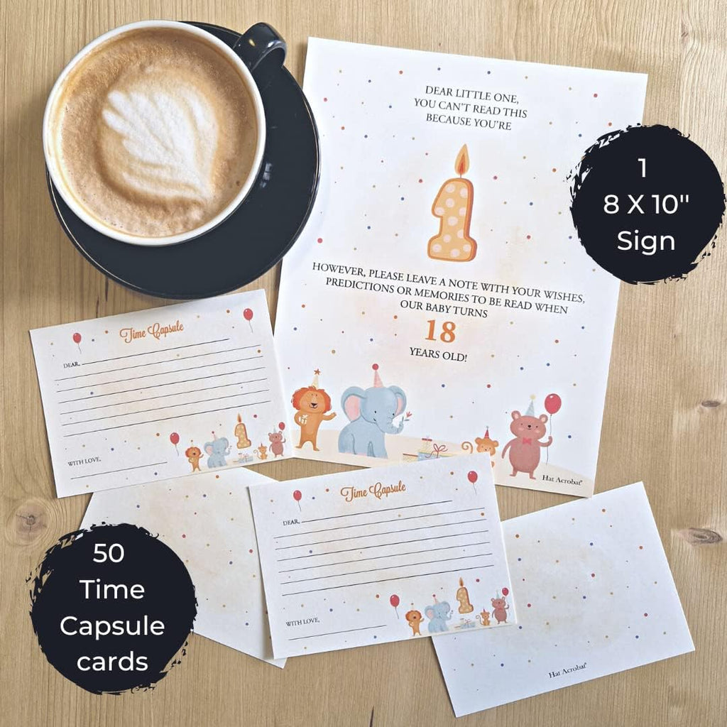 50 Funny Baby Time Capsule Cards with 8x10 Sign - 50 Double-sided Baby Predictions and Advice Cards Suitable as 1st Birthday Party Games or Baby Shower Time Capsule with 8x10 Sign (Time Funny)