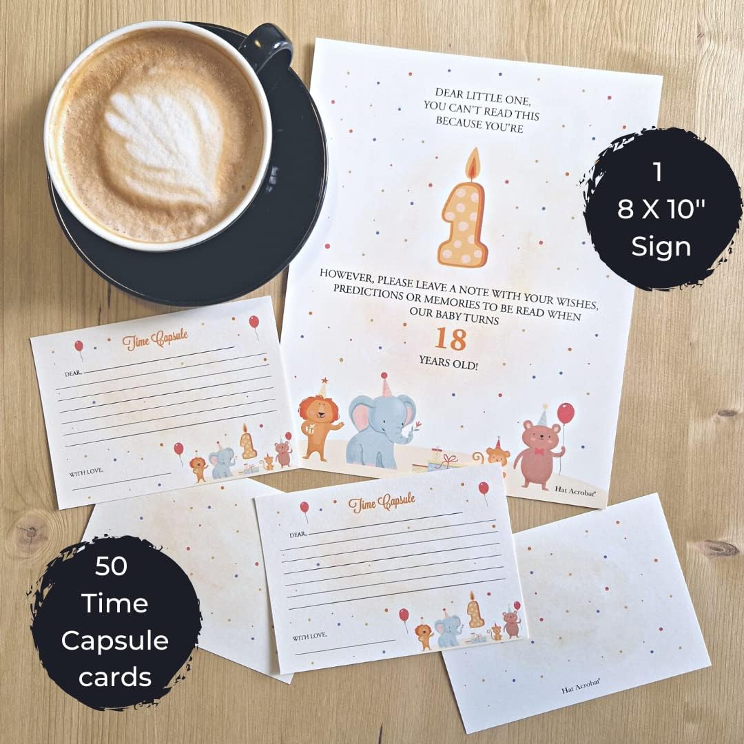 50 Funny Baby Time Capsule Cards with 8x10 Sign - 50 Double-sided Baby Predictions and Advice Cards Suitable as 1st Birthday Party Games or Baby Shower Time Capsule with 8x10 Sign (Time Funny)