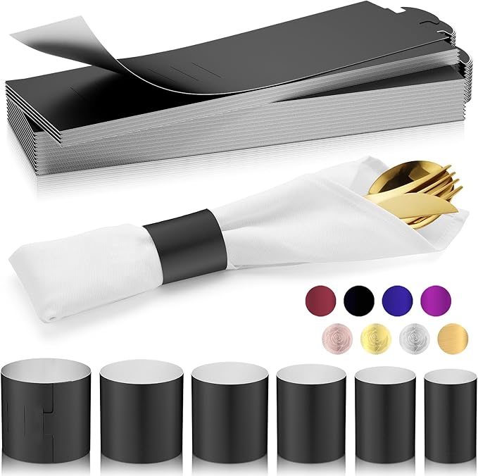 Polymer Material Reusable Napkin Band, Glue-Free Tear-Proof Water Resistant Oil-Proof Napkin Bands Set of 100(Front Black Color and Back White), 6 Adjustable Sizes Napkin Rings