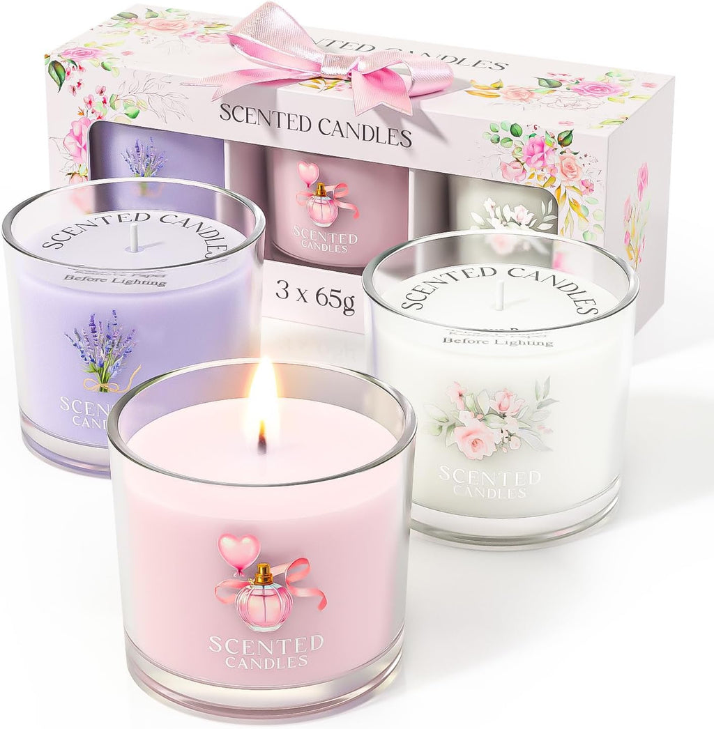 CHILLFLAME Scented Candles, Scented Candle Gift Set for Stress Relief, 3 Votive Candles for Women and Men, Birthday Candle Gifts for Women, Christmas Candles for Women (Pink + Purple + White, 7 oz)