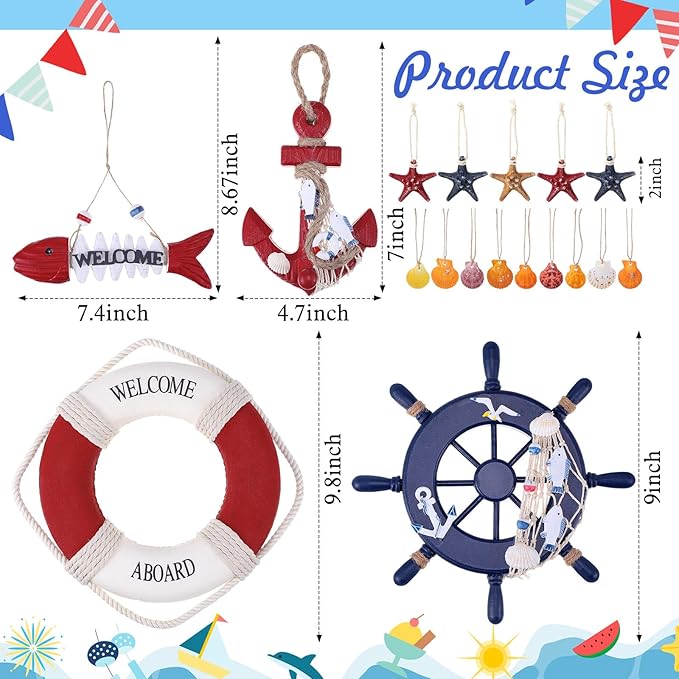 Marsui 11 Pcs Wooden Nautical Wall Decor Fishing Net Decoration, Include Decorative Fishing Net, Ship wheel, Fish Skeleton, Life Ring, Anchor, Starfish Beach Decor for Mediterranean Party (Retro Red)