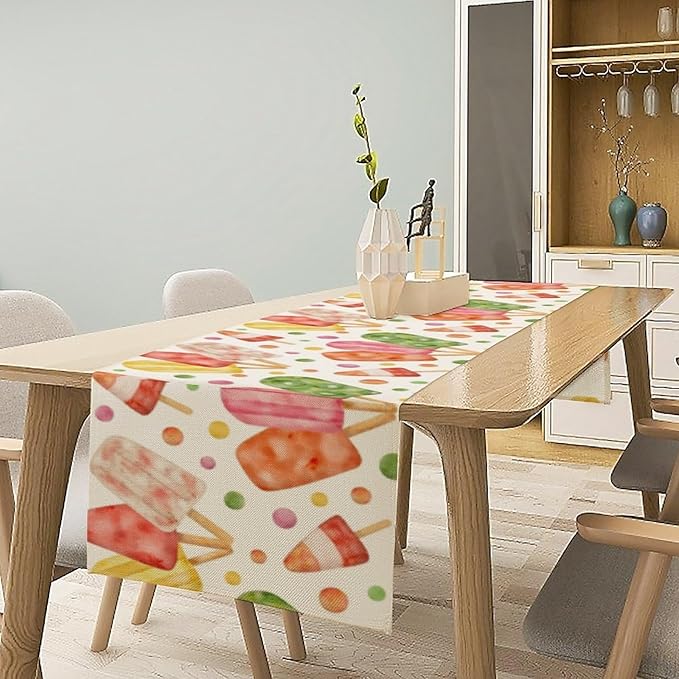 Summer Popsicles Table Runner, Watercolor Colorful Fruit Ice Cream Pops Berry Kiwi Cold Summer Sweet Seasonal Dinner Runner for Party Holiday Home Kitchen Dining Table Decor 13"x70"