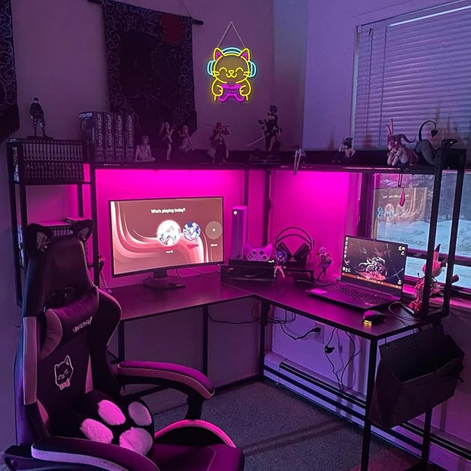 Ineonlife Game Cat Neon Sign for Wall Decor Light Up Cute Animal Led Signs for game room Acrylic Art Decor for home bar bedroom cafe man cave Decorations 12.99x12.6 inch USB POWER