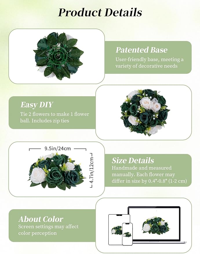 BLOSMON Green Flowers Artificial for Decoration: 2 Pcs Fake Rose Balls Centerpiece for Wedding Table - Faux Silk Kissing Bouquet Floral Arrangement for Home Party Event Decor