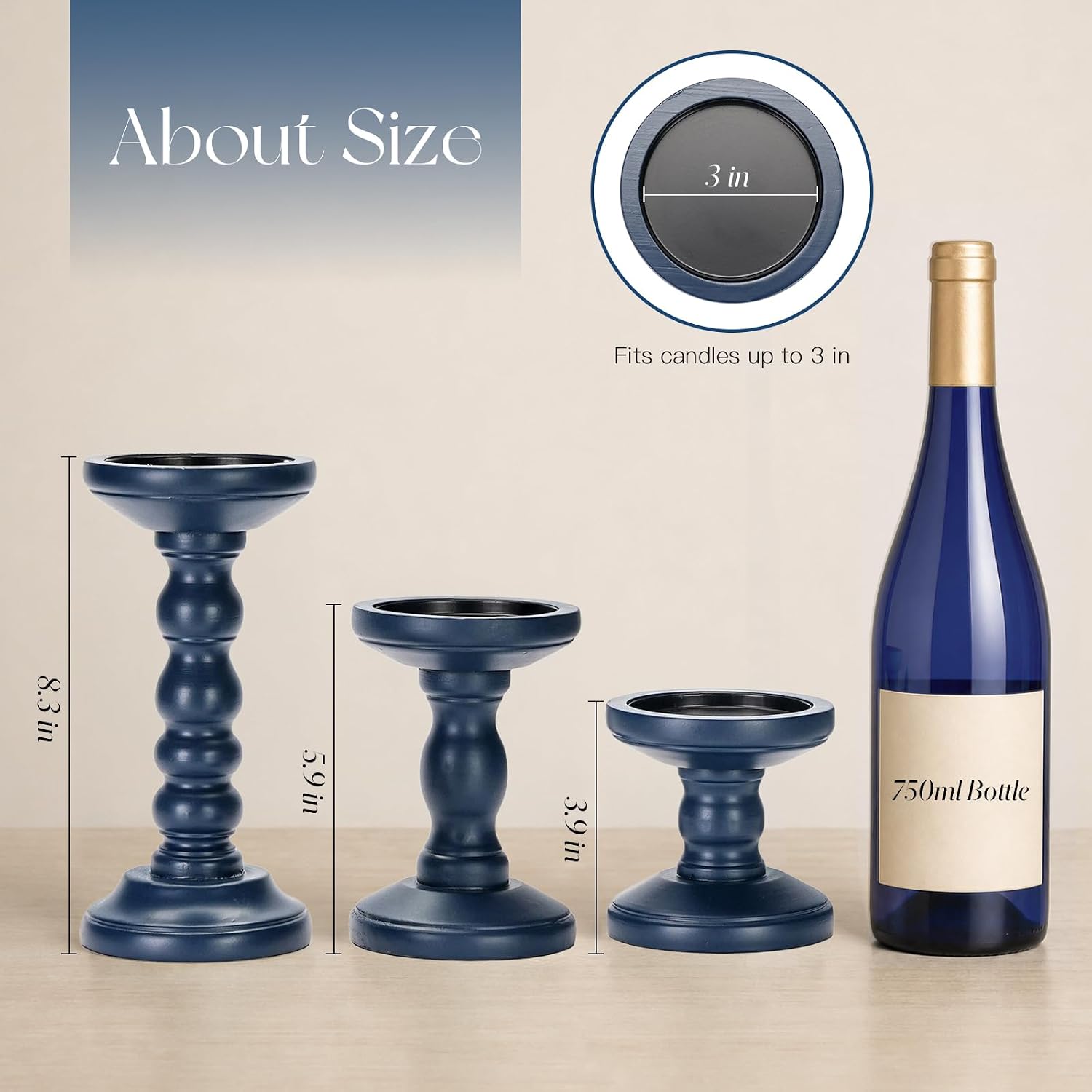 Candeldo Wood Candle Holder for Pillar, Navy Blue Coastal Decoration | Set of 3, Table Centerpiece, Tall Shabby Chic Decor, Wooden Rustic Kitchen Decor for Fireplace Mantle
