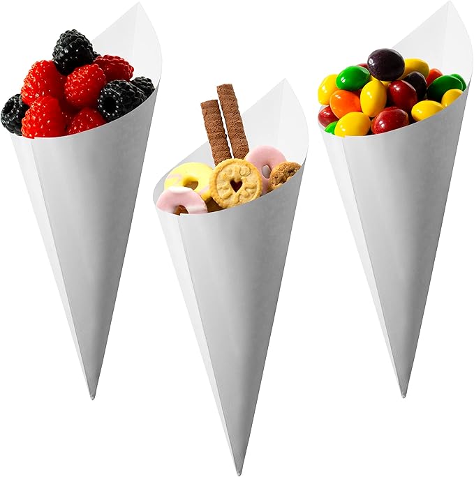 MONTX® 200-Pack Disposable Food Cones | 7" or 6" | White Food-Safe Paper Charcuterie Cones for Appetizers, Popcorn, Snacks, Confetti | Eco-Friendly Alternative to Wood Cones (7 Inch)