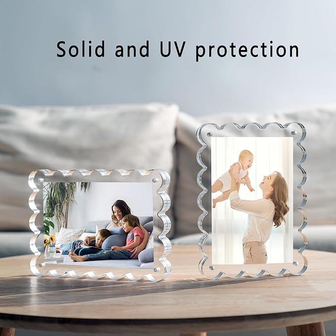 3 Pack Acrylic Picture Frame: 4x6inch Magnetic Picture Frames, Double Sided Magnet Frames,10+10mm Thick Block, Clear Photo Scalloped Frames Freestanding for Desktop Display (Clear, 4X6)