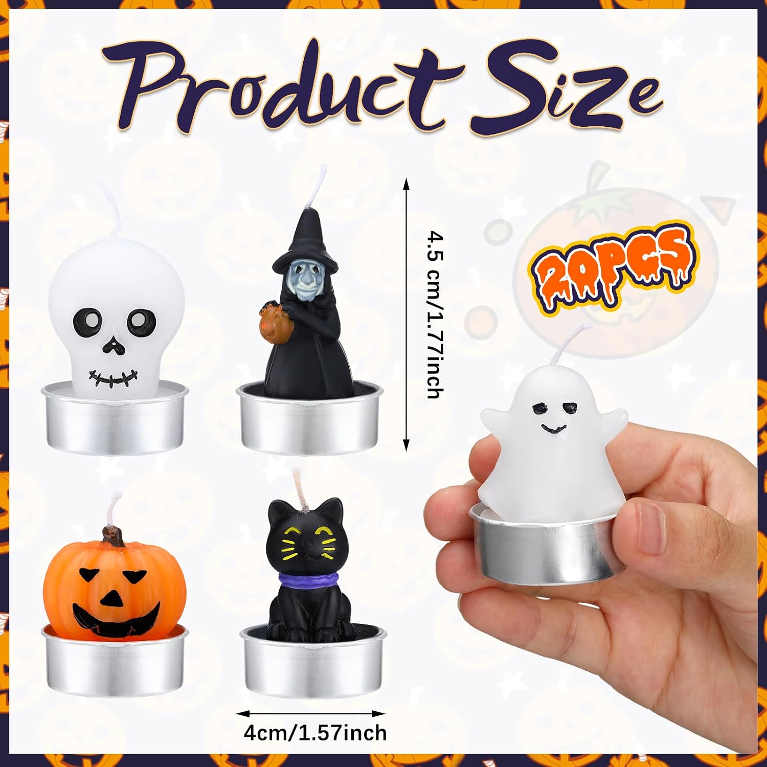 Jutom 20 Pcs Halloween Candles 5 Styles 1.6"x 1.8" Mini Tealight Candles Bulk Cute Pumpkin Ghost Witch Black Cat Shaped Halloween Trick or Treat Haunted House Activity Decorations Party Supply